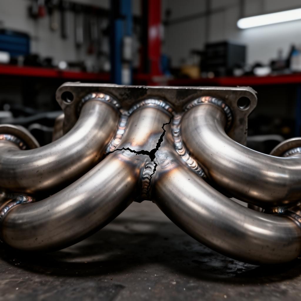 Cracked Ferrari F355 stainless steel exhaust header — a classic known issue